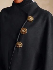 Vesra Women's Decorative Button Closure Poncho Coat (Uniform Cutting Direction For Bulk Production Metal Buckle Button Ups