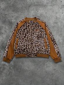 ROMWE MEN Street Life Herren Leopard Muster Patchwork Wildleder-Optik Jacke, Street Style amerikanischer Buchstaben Stickerei Mantel, Herbst/Winter - Kaffeebraun - Übersicht 3