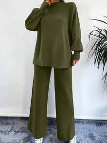 EURMUSE 女式休闲纯色长袖高领毛衣和长裤两件套 - 軍綠色 - 查看 5