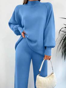 EURMUSE 2Pcs/Set Solid Color Stand Collar Long Sleeve Sweater Top And Pants Set,Petite,Winter Clothes - Blue - View 3