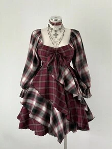 Sunspun Plaid Patchwork Bow Tie Waist Minimalist Long Sleeve Dress - Burgundy - View 4