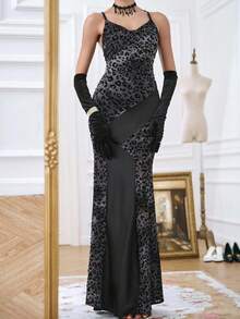 Chiquease Sleeveless V-Neck Leopard Print Flocked Patchwork Satin Dress - Black - View 6