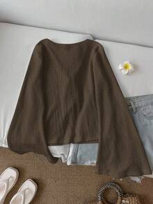 SHEIN LUNE Áo nữ tay loe màu trơn dáng rộng, thắt nơ, màu nâu, màu cà phê, phong cách cottagecore, màu nâu sô cô la, kiểu dáng thường ngày. - màu nâu - Xem 2