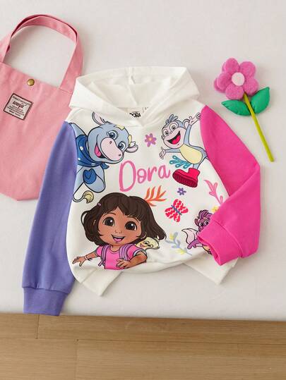 DORA | SHEIN Sweat-shirt à capuche ample en tricot décontracté à manches longues avec imprimé Dora, la jeune fille mignonne et dessin animé, en blocs de couleurs