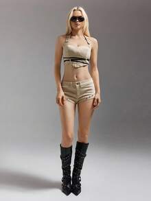 SHEIN ICON Women's Sexy Backless Halter Top And Ultra-Low Waist Super Short Shorts Set, Fashionable And Avant-Garde Beige Two Piece Set - Khaki - View 3