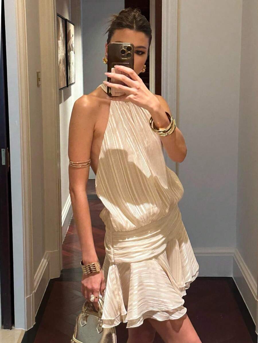 Poéselle 女式条纹荷叶边多层下摆挂脖休闲迷你连衣裙 - 杏色 - 查看 1