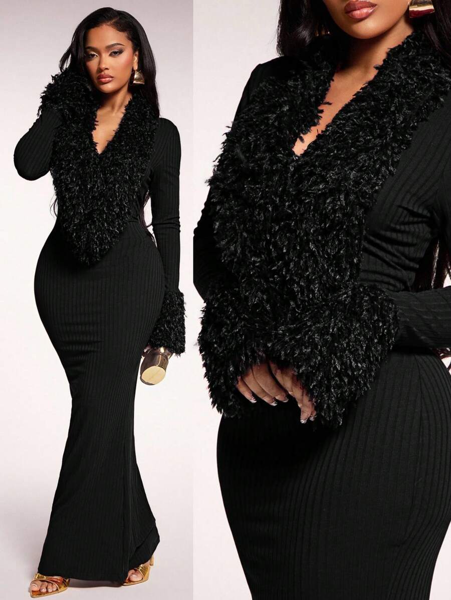 Radiana Women's Sexy & Elegant Burgundy Faux Fur Patchwork Fitted Mermaid Maxi Dress Black Dresses For Women Long Dresses Slay Diva Dress Long Black Elegant Dress Long Sleeve Elegant Dress Bodycon Maxi Dress Women Ribbed Faux Fur Trim Dress Black Church Dress Women,Dresses For Women Elegant - Black - View 1