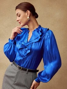 MOTF PREMIUM JACQUARD LANTERN SLEEVE JABOT COLLAR SHIRT - Blue - View 6