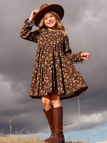 Emery Rose Kids Emery Rose Kids Tween女孩棕色碎花印花圓領長袖A字洋裝，波希米亞風秋季返校度假派對母女套裝 - 巧克力棕 - 查看 2
