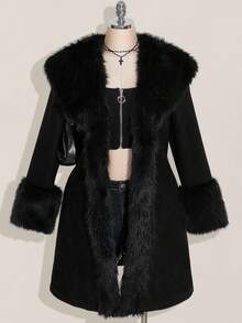 SHEIN ICON Plus Size Black Y2K Cinched Waist A-Line Faux Fur Collar Long Coat, Autumn/Winter - Black - View 1