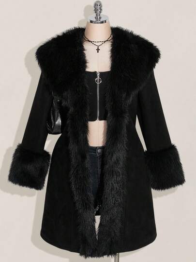 SHEIN ICON Plus Size Black Y2K Cinched Waist A-Line Faux Fur Collar Long Coat, Autumn/Winter
