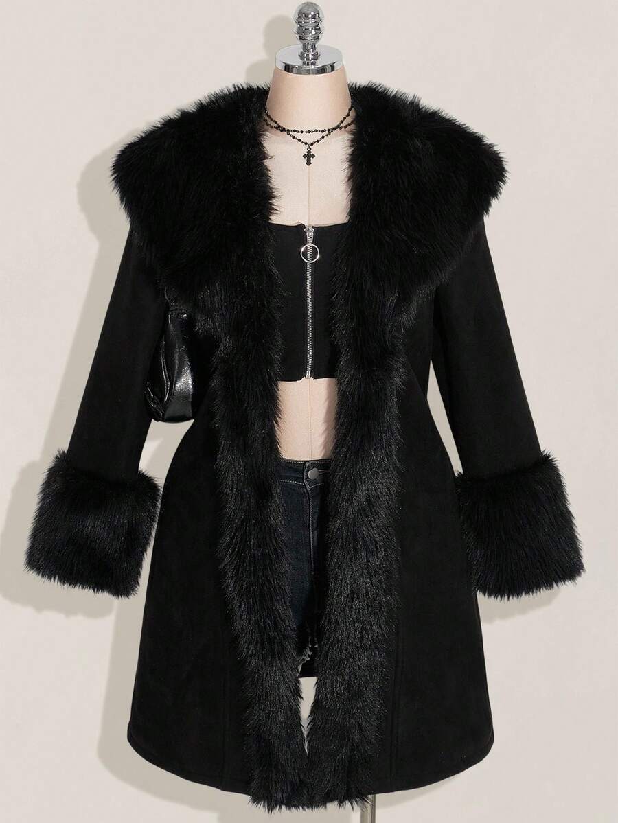 SHEIN ICON Plus Size Black Y2K Cinched Waist A-Line Faux Fur Collar Long Coat, Autumn/Winter - Black - View 1
