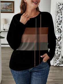 EMERY ROSE 大码女式休闲条纹全印花长袖 T 恤，适合秋冬季