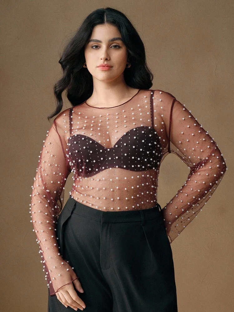 Anewsta Transparent Mesh Women's Plus Size Long Sleeved Summer Rhinestone Pearl Top Spring For Women