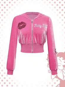 Betty Boop | ROMWE 大码 Y2K 字母图案水钻装饰卫衣和裤子 2 件套 - 粉色 - 查看 6