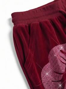 Betty Boop | ROMWE Y2K 天鹅绒卫衣和裤子字母图案水钻装饰 2 件套女款 - 酒紅色 - 查看 7