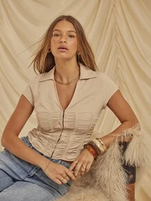 Aralina Fall / Winter Collared Hook And Eye Front Ruched Front Corset Style Short Sleeve Shirt Top With Lace Trim Perfect For Work Outfits For Women And Gong Out Party Top , Elegant Chic Cute Country Style