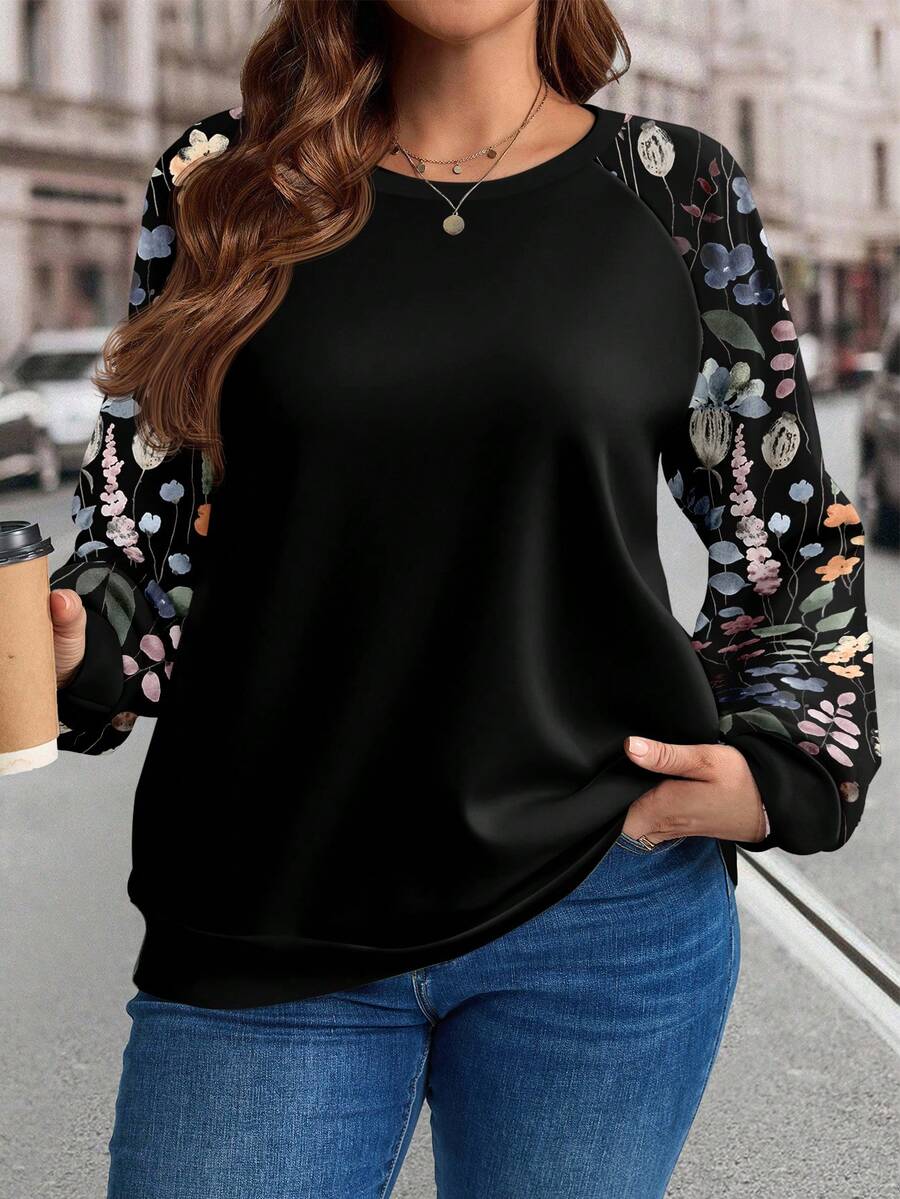 EMERY ROSE Elegant Floral Print Plus Size Women Sweatshirt, Suitable For Autumn/Winter - Multicolor - View 1