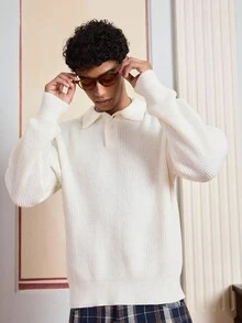 SWAVVY Men's Casual Solid Color Drop Shoulder Long Sleeve Polo Sweater, Autumn/Winter - White - View 6