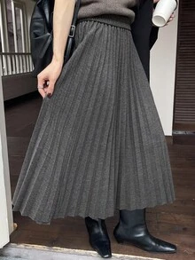 DAZY 女士优雅纯色百褶A字裙，秋冬女装半身裙 - 灰色 - 查看 7