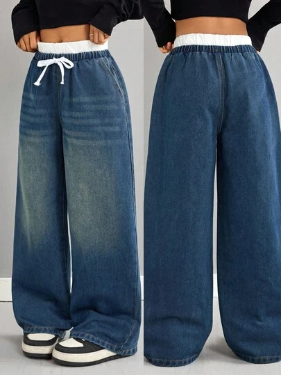 Tween Girls Fall/Winter Y2k 90s Comfortable Simple Loose Fit Wide-Leg Jeans With Contrast Color Trim,Mid-Waist,Double Waist,Casual And Versatile For Girls Fall/Winter Dailywear Costume And Streetwear Outfits,For Girls Halloween And Christmas Costume,Girls Winter Jeans,Winter Clothes,Teen Baggy Jeans