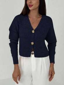 Aloruh Nueva chaqueta de punto de cuello en V profundo de manga larga y silueta ajustada con botones, versátil suéter casual de punto para otoño/invierno - Azul Marino - Ver 2