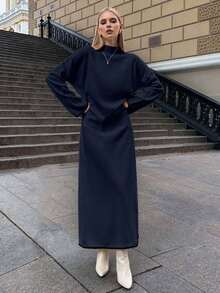 EURMUSE Stand Collar Contrast-Trim Loose Long Sleeve Sweater Dress,Winter Dresses For Women,Petite - Dusty Blue - View 4