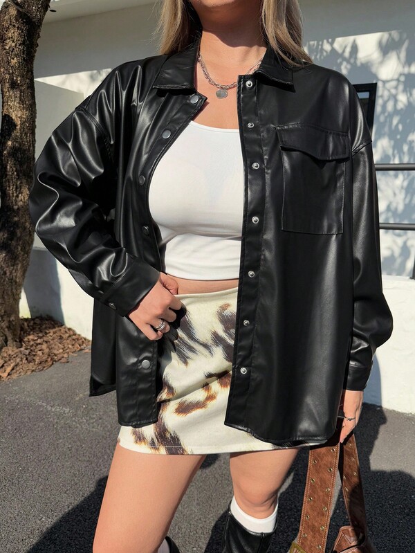 Muchica Abrigo de piel sintética con bolsillo con solapa y hombros caídos, para invierno