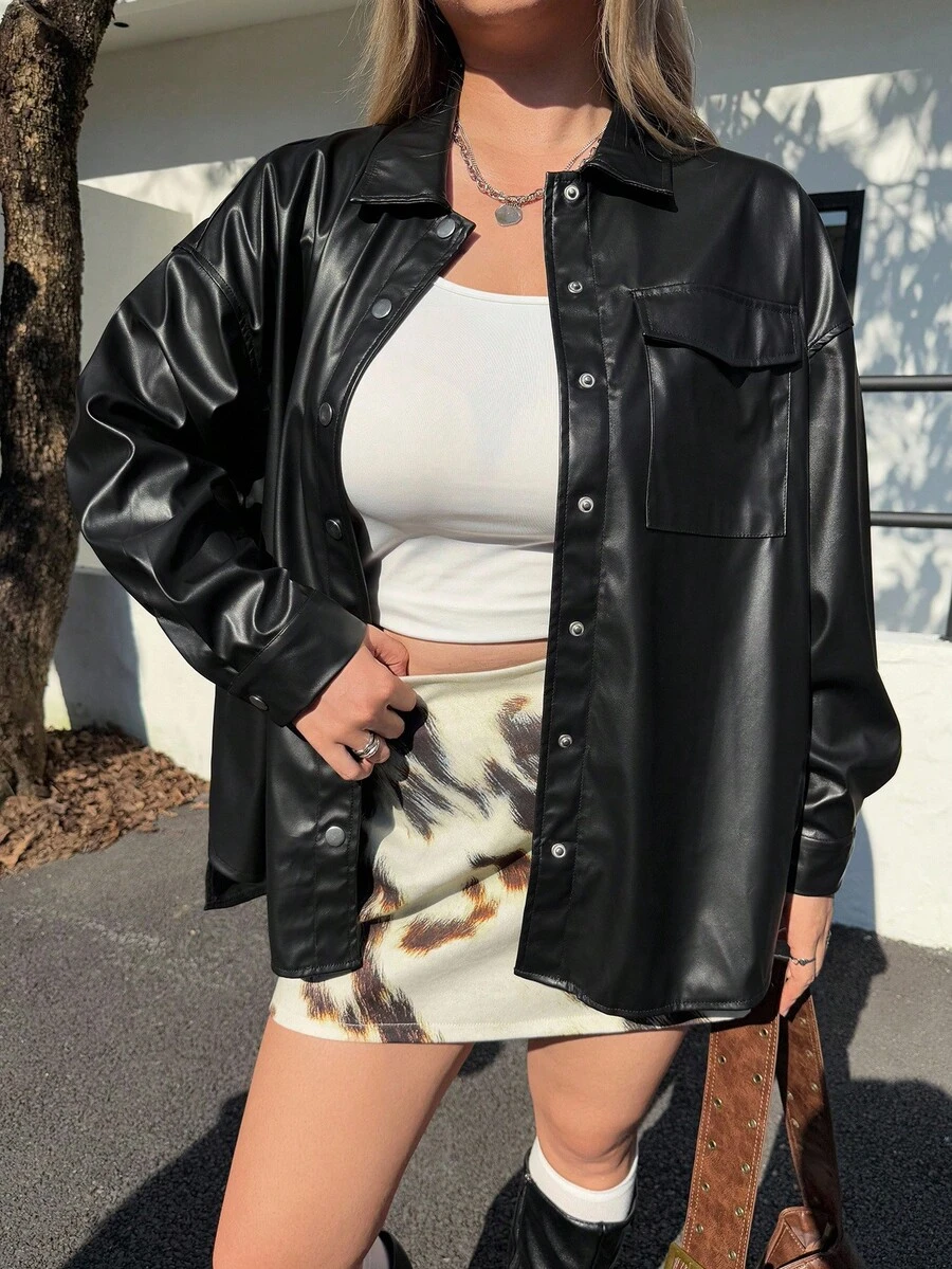 SHEIN EZwear Plus Flap Pocket Drop Shoulder PU Leather Coat, For Winter Fall Autumn - Black - View 1