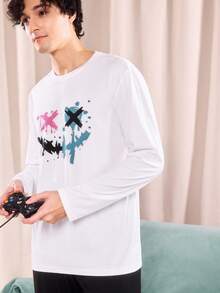 Notgurli Men's Loose Casual Long Sleeve T-Shirt With Cartoon Graphic Design, Fashionable Sleepwear Top Suitable For Loungewear, For Fall - White - View 5
