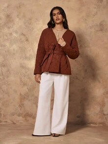 Chiquease Women's Autumn/Winter Cotton Jacket, V-Neck, Rhombus Pattern, Quilted Fabric, Waist Tie Decor, Side Patch Pockets, Casual Loose Fashion Design - Brown - View 3
