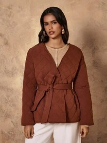 Chiquease Women's Autumn/Winter Cotton Jacket, V-Neck, Rhombus Pattern, Quilted Fabric, Waist Tie Decor, Side Patch Pockets, Casual Loose Fashion Design - Brown - View 4