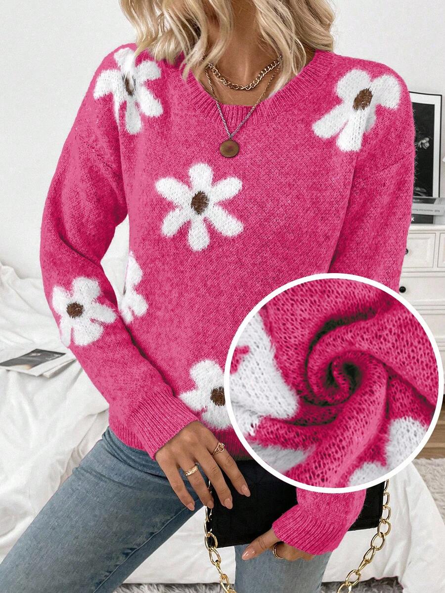 EMERY ROSE Women's Casual Fluffy Flower Pattern Round Neck Drop Shoulder Long Sleeve Knit Pullover Sweater, Autumn/Winter - Hot Pink - View 1