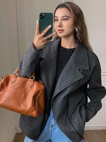 Livesso 女士休闲日常通勤落肩宽松翻领拉链夹克，秋季女式外套 - 灰色 - 查看 1