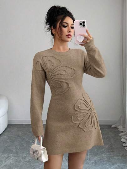 Elenzga Elegant Solid Color 3D Floral Knit Dress, Autumn/Winter