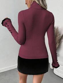 SHEIN LUNE 女式高领荷叶边纽扣设计长袖针织套头衫，带蝴蝶结，紧身保暖衬里 - 酒紅色 - 查看 2