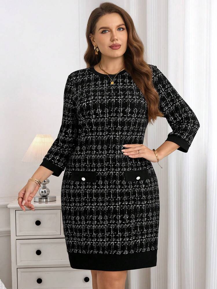 Plus Size Women Plaid Round Neck 3/4 Sleeve Button Design Casual Dress Tweed Dresses For Women Black Work Dress Fall Clothes For Women   New Year Dress,Spring