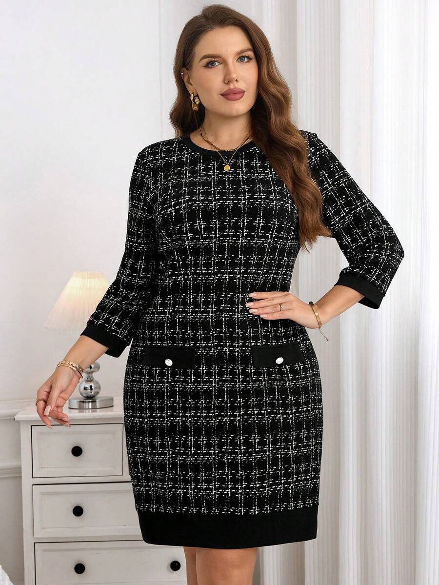 Miaspire 大码女式格子圆领 3/4 袖纽扣设计休闲连衣裙 - 黑色 - 查看 1