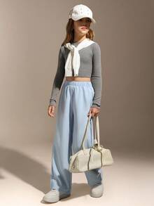 Hanevo Tween Girl 1pc Textured Fabric White Casual Comfortable Long Pants, Summer New Arrival - Mint Blue - View 8