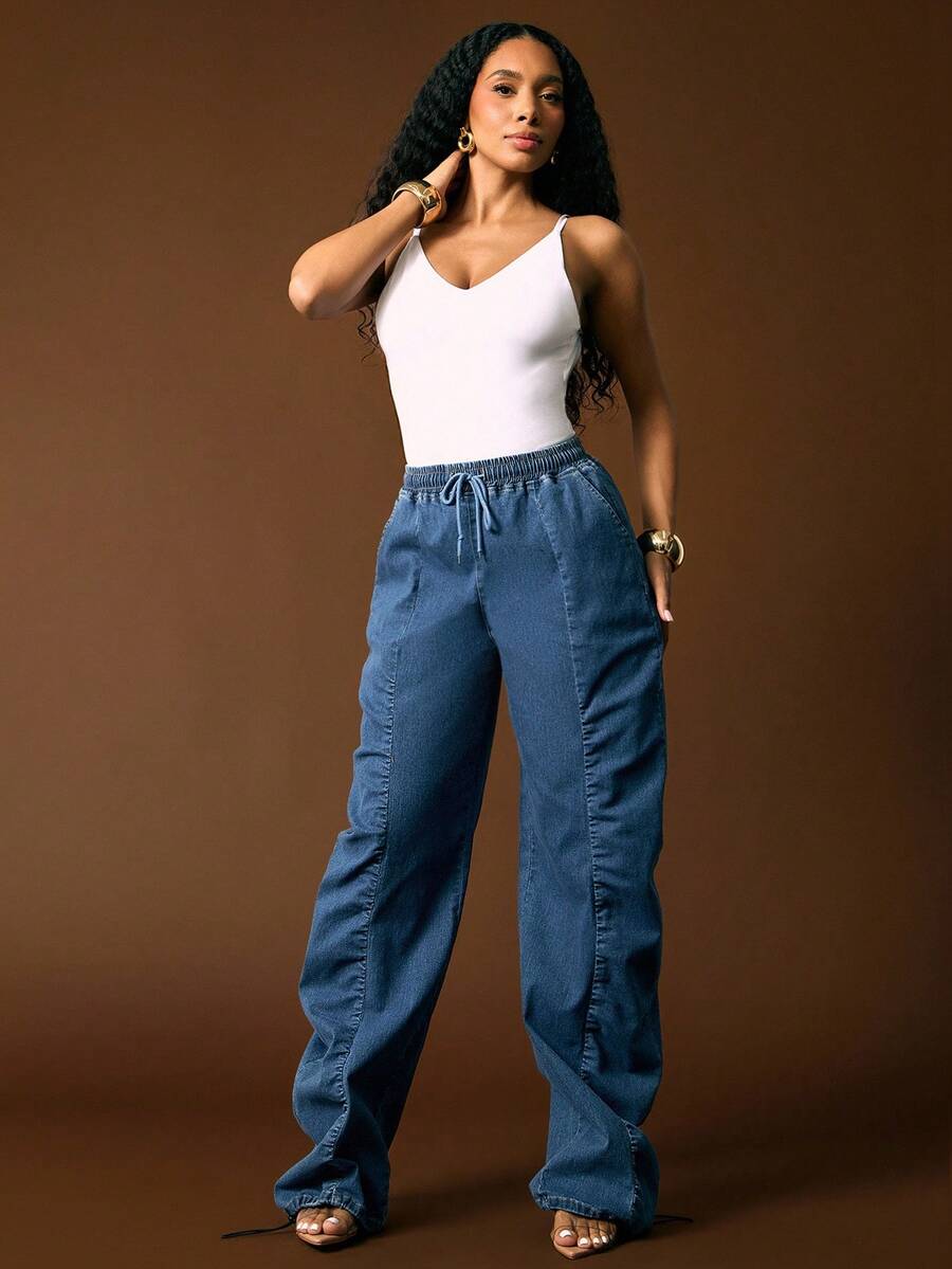 Vixey Ruched Wide Leg Drawstring Waist Denim Pants - Blue - View 1