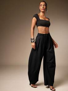 Hauture Sexy Mob Wife Party Basic Solid Charcoal Pleated Oversized Barrel Pants - Black - View 1