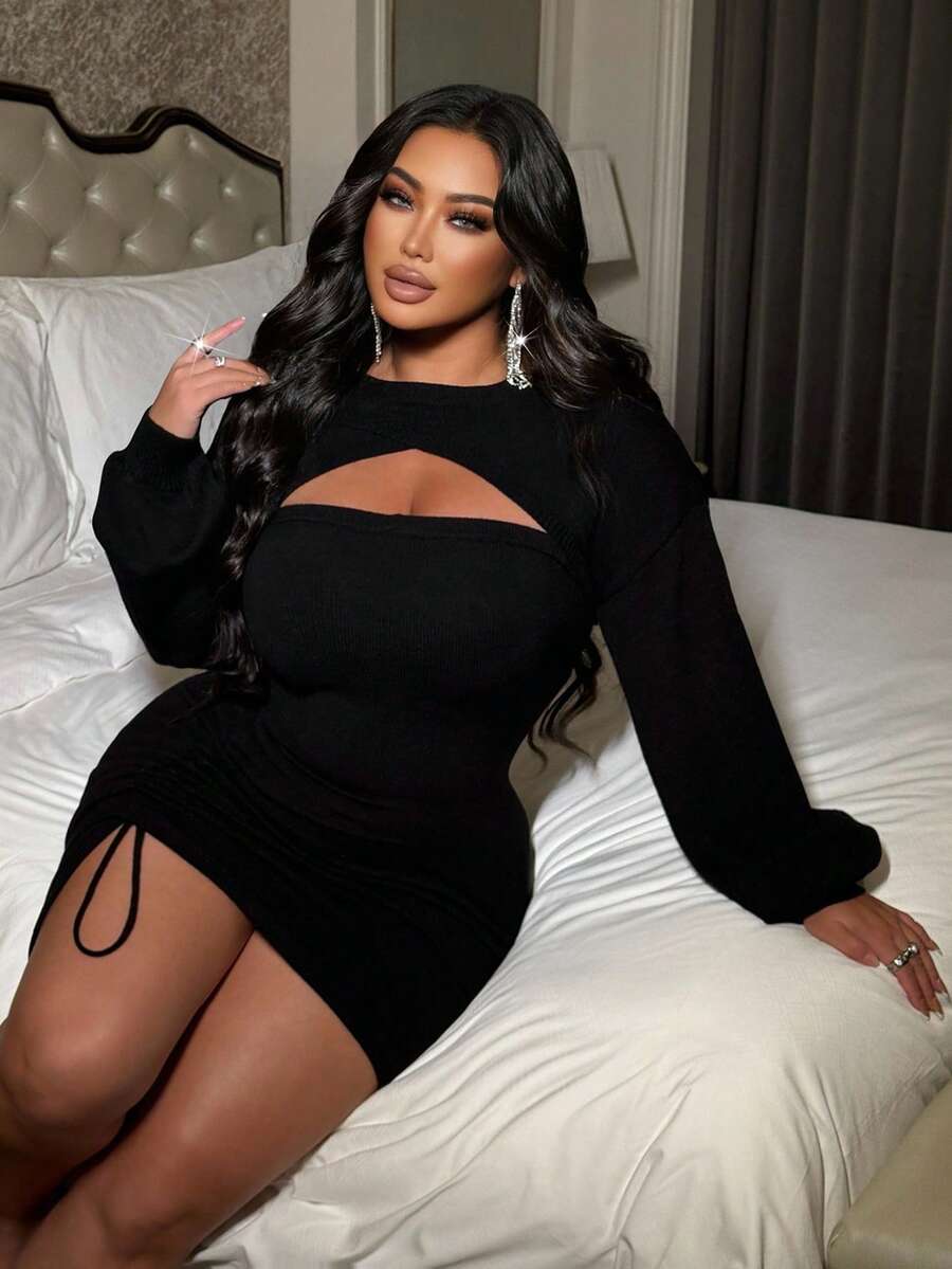 NU&NOW Plus Size Women Solid Color Cropped Lantern Sleeve Sweater And Drawstring Tube Top Knit Dress Set, Fashion