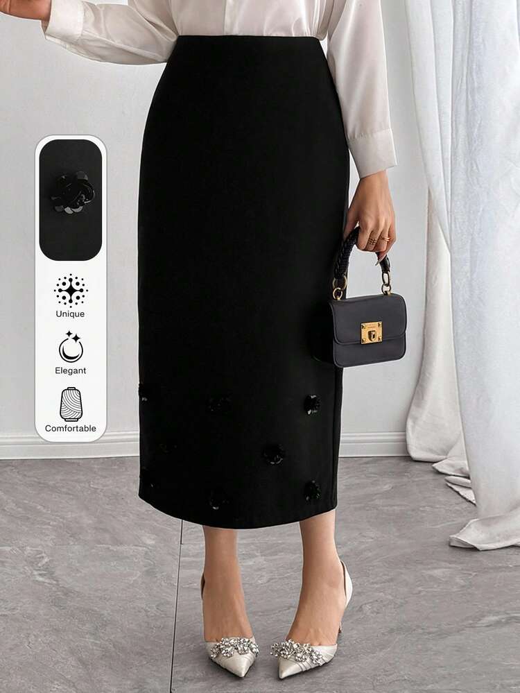 Women Elegant Sequin 3D Floral Decor Casual Business Office Commute Black Pencil Skirt, Suitable For Wedding, Party, Banquet, Autumn/Winter