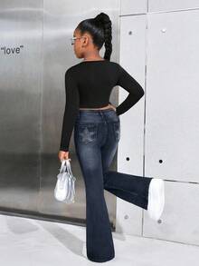 SHEIN 少女Y2K时尚休闲喇叭裤，星形图案，镶钻装饰，适合秋季返校季穿着。 - 深色水洗藍 - 查看 5