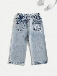 SHEIN Playful Pals Baby Mädchen Herz Schleife Slogan Graffiti Muster hellblaue verwaschen weite Jeans, bequemer elastischer Bund, essentiell für Frühling, Sommer, Herbst & Winter, modisch & vielseitig für Baby, Kleinkind kleines Mädchen, geeignet für Halloween, Musikfestival, Tag der Toten, Weihnachten, Thanksgiving