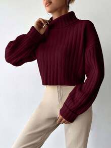 EURMUSE Women's Solid Color High Neck Drop Shoulder Long Sleeve Casual Sweater Burgundy - Burgundy - View 4