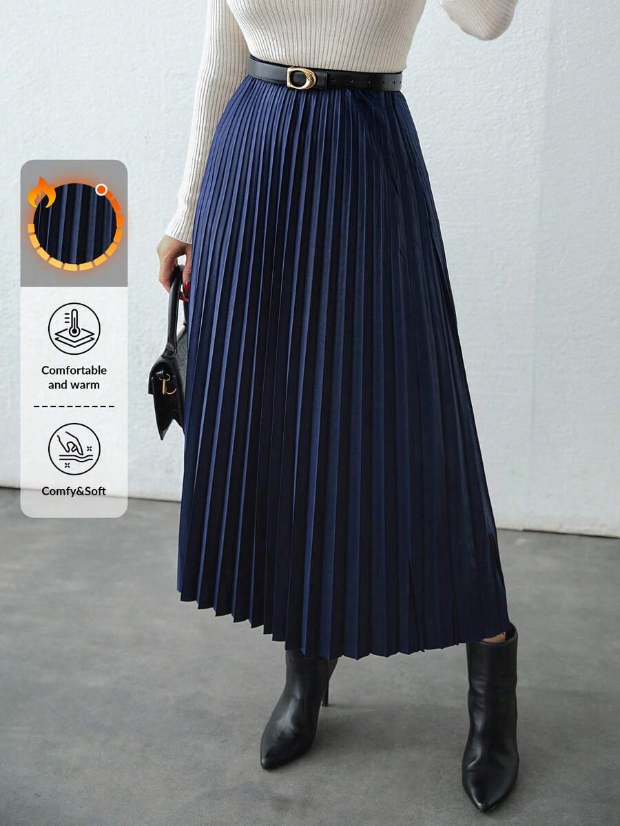 EURMUSE High Waist Pleated Skirt Without Belt - Navy Blue - View 1