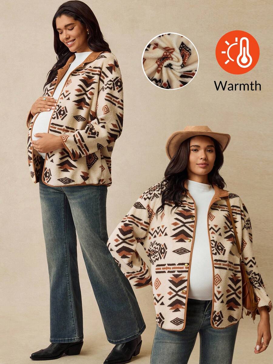 Boho Mama 孕妇休闲复古西部几何图案夹克,秋冬 - 咖啡棕 - 查看 1