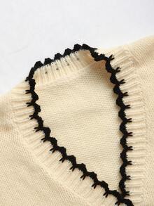 Franclia Plus Size Minimalist Casual Solid Color Contrast Trim Cardigan Sweater, Autumn/Winter - Apricot - View 3
