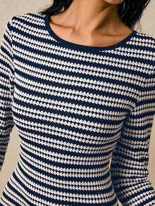 Poéselle Women's Striped Round Neck Long Sleeve Casual Mini Dress,Dresses For Women Elegant - Navy Blue - View 4
